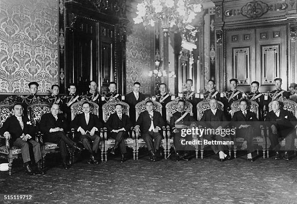 Mexican President Emilio Portes Gil with members of his Cabinet after his inauguration in 1928. From left to right: Felipe Canales, Secretary of the...