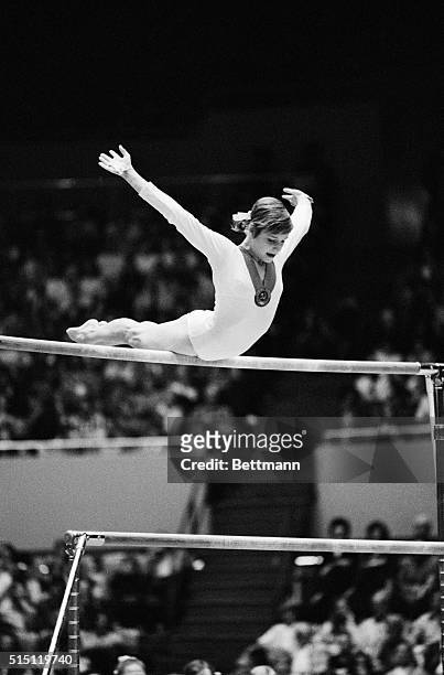 Los Angeles: Olga Korbut, the tiny Russian gymnast who charmed fans worldwide at the Olympics In Munich, performs on the balance beam at Los Angeles...