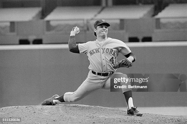 Tom Seaver of the New York Mets bears down against the Cincinnati Reds in the first game of the National League playoff, as shown here. Seaver helped...