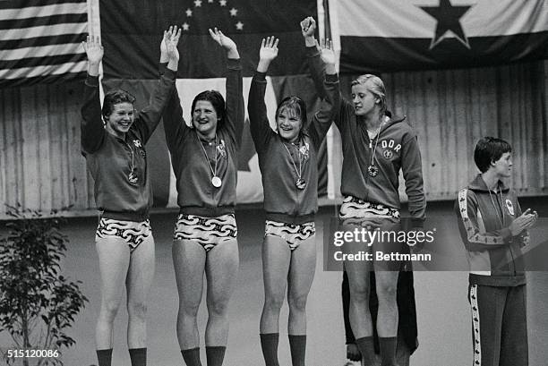 The German Democratic Republic took a gold medal in the women's 4x100-meter medley relay finals, and set a new world record of 4;07.95 in doing it....