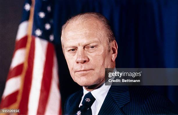 Washington, DC: President Gerald Ford, close-up smiling in official portrait.