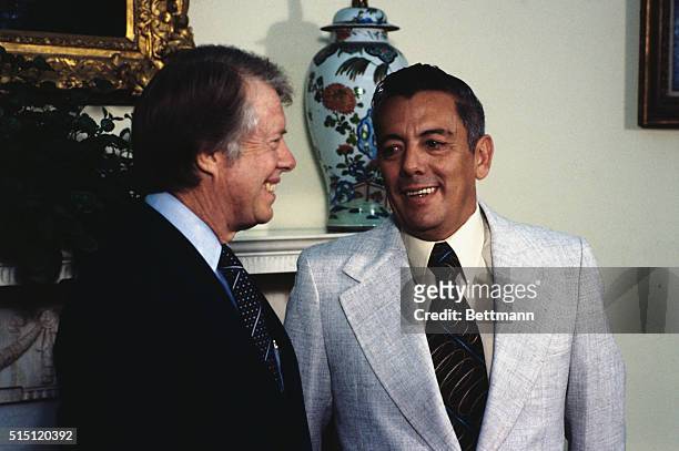 President Jimmy Carter with General Omar Torreijos of Panama in White House Oval Office.