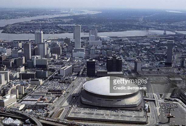 New Orleans: Aerial view of the Louisiana Superdome, site of Super Bowl XII, shows a meandering Mississippi River and the city of New Orleans. Dallas...