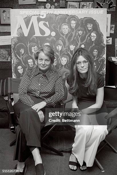 Patricia Carbine , V.P. Of Ms. Magazine, and Gloria Steinem, editor of Ms., sit in front of a mockup of the cover of the fifth anniversary issue of...