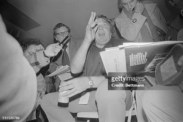 Oakland Raider coach John Madden is exuberant as he talks to reporters 12/24 after his team defeated the Baltimore Colts in overtime to advance to...