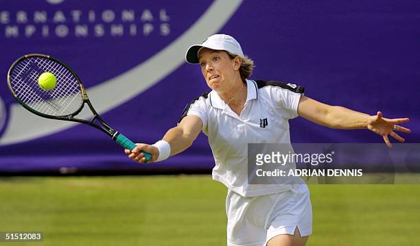 Lisa Raymond, of the USA, reaches for a shot during the doubles final at The Brittanic Asset Management Tennis Championships at Devonshire Park in...