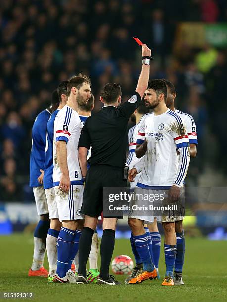 Diego Costa of Chelsea is shown a red card by referee Michael Oliver during the Emirates FA Cup sixth round match between Everton and Chelsea at...