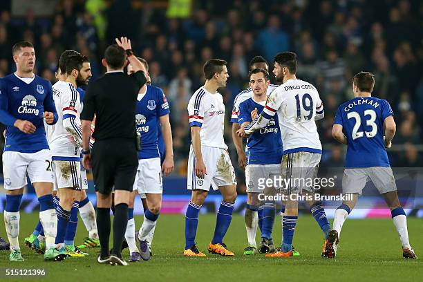 Diego Costa of Chelsea reacts prior to being shown the red card during the Emirates FA Cup sixth round match between Everton and Chelsea at Goodison...