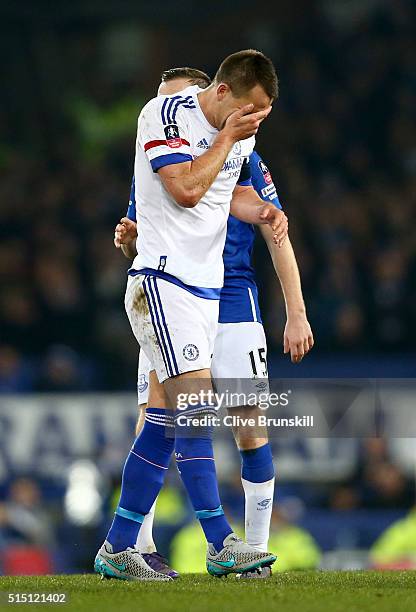 John Terry of Chelsea reacts during the Emirates FA Cup sixth round match between Everton and Chelsea at Goodison Park on March 12, 2016 in...