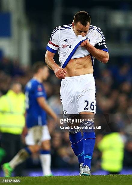 John Terry of Chelsea shows dejection after his team's 0-2 defeat in the Emirates FA Cup sixth round match between Everton and Chelsea at Goodison...