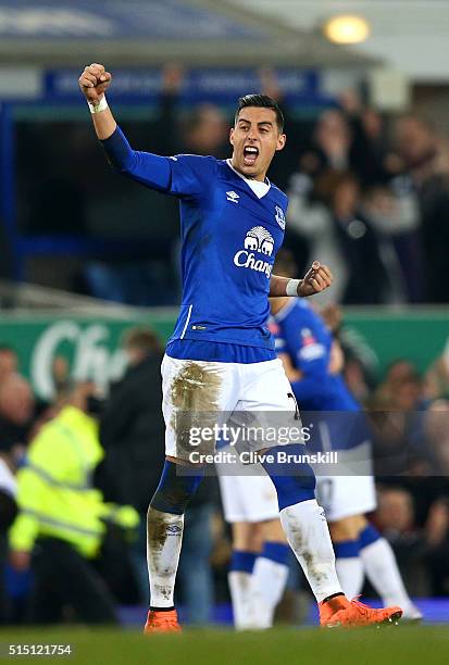 Ramiro Funes Mori of Everton celebrates his team's 2-0 win in the Emirates FA Cup sixth round match between Everton and Chelsea at Goodison Park on...