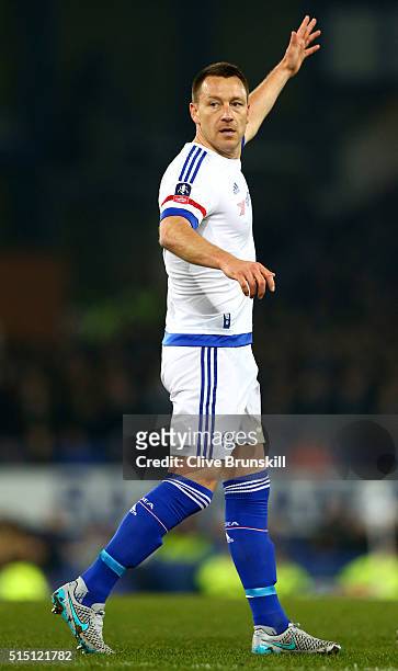 John Terry of Chelsea gestures during the Emirates FA Cup sixth round match between Everton and Chelsea at Goodison Park on March 12, 2016 in...