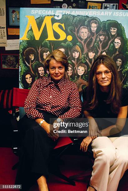 Pat Carbine and Gloria Steinem seated in Ms. Magazine office.