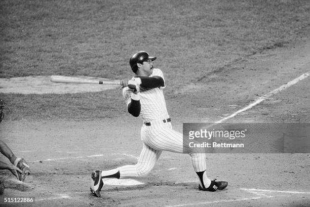 New York: Yankees' Reggie Jackson as he hit a grand slam home run in the 1st inning at Yankee Stadium Off Cleveland Indians pitcher Al Fitzmorris.