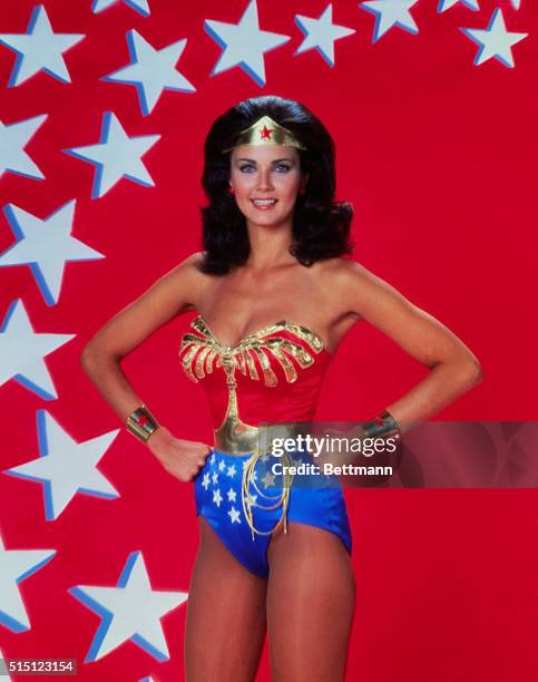 Closeup of actress Lynda Carter in costume as "Wonder Woman" from TV Series.