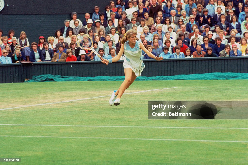 American tennis player Tracy Austin, plays at Wimbleton in 1977. At