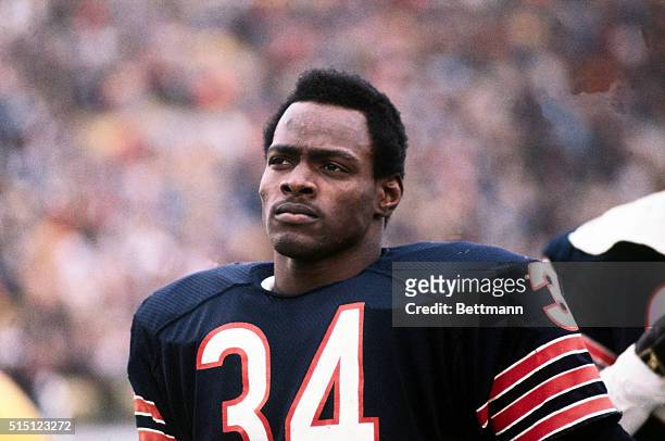 Close-ups of Walter Payton, of the Chicago Bears, in uniform.