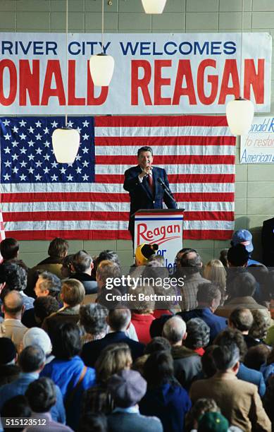 Mason City, Iowa: Former governor of California, Ronald Reagan, tells supporters at an airport rally in Mason City, Iowa to get out and vote in their...