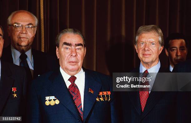 Vienna, Austria: U.S. President Jimmy Carter with Soviet president Leonid Brezhnev outside the Soviet Embassy.