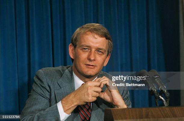 White House Press Secretary Jody Powell, shown here during press conference.