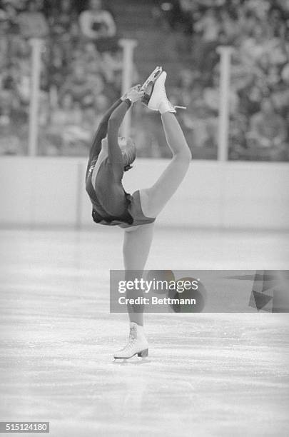 Lake Placid, New York: Denise Biellman of Switzerland performs in the short program section of the Olympic figure skating championships.