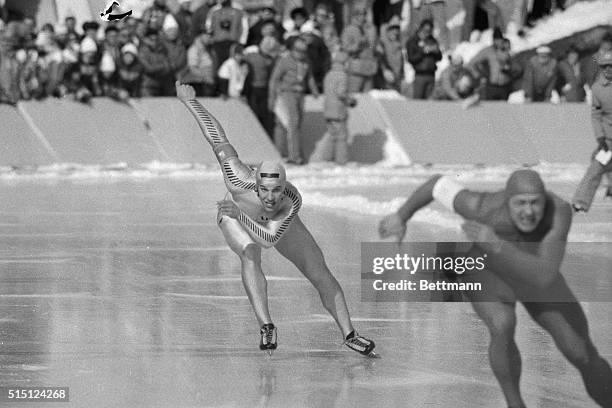 Eric Heiden of the United States wins the 500-meter speed skating race at the Winter Olympics February 15 for his first gold medal. He won the 1,500...