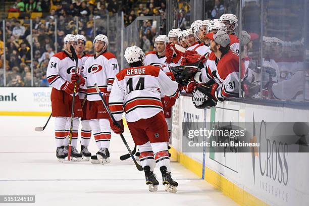 Nathan Gerbe of the Carolina Hurricanes celebrates a goal against the Boston Bruins at the TD Garden on March 10, 2016 in Boston, Massachusetts.
