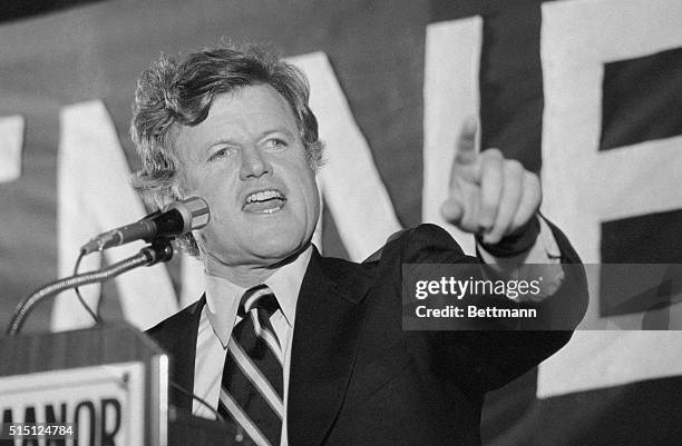 New York: Sen. Edward Kennedy, D-Mass., is shown speaking before 700 Greek-American supporters in Queens 2/24, as he attacks President Carter for...