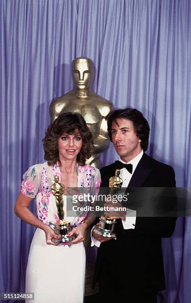 Hollywood: Actress Sally Field with actor Dustin Hoffman after they won the Best Actor and Best Actress Oscars at the 52nd Annual Academy Award...