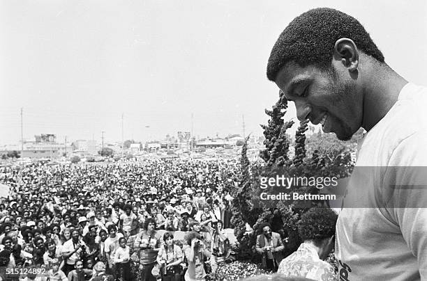 Rookie Earvin Magic Johnson and his Lakers teammates were honored by 5,000 plus fans at the Inglewood Forum parking lot after the National Basketball...