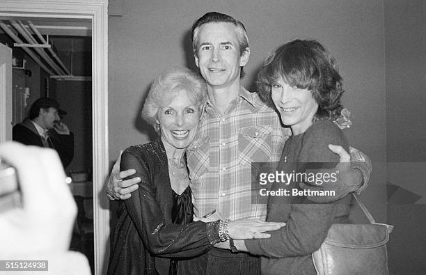New York: Janet Leigh and her daughter, Jamie Lee Curtis, flank Tony Perkins backstage at the Barrymore Theater February 19th after watching him in...