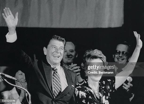 Canton, Ohio: Ronald and Nancy Reagan wave farewell to supporters 5/30, after appearing at a rally at Canton Memorial Civic Center. In his address,...