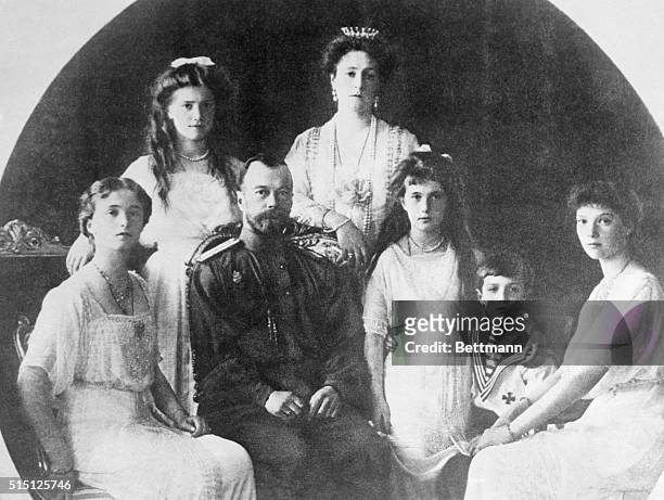 Portrait of Czar Nicholas II of Russia and his family, including wife Czarina Aleksandra, and children Olga, Tatiana, Marie, Anastasia and Czarevich...