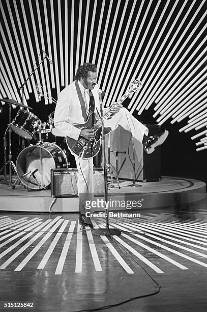 Chuck Berry performing during the taping of a segment for Omnibus in 1980, a revival of the original Omnibus ABC television show.