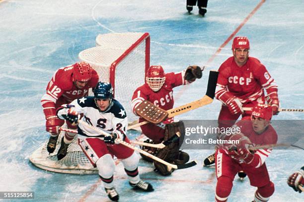 Lake Placid, New York: American hockey team in action against the Soviet Union during Olympics.