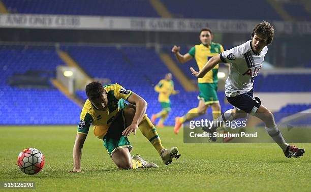 Filip Lesniak of Tottenham Hotspur and Jamal Lewis of Norwich City compete for the ball during the Barclays U21 Premier League match between...