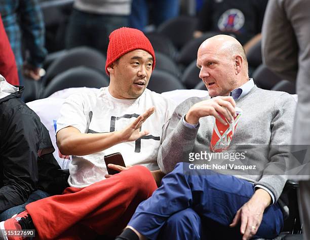 David Choe and Steve Ballmer attend a basketball game between the New York Knicks and the Los Angeles Clippers at Staples Center on March 11, 2016 in...
