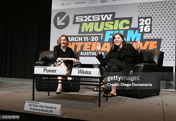 Katherine Power, co-founder and CEO of Clique Media Group and Emily Weiss, founder and CEO of Glossier speak onstage at "Self Sells: How Glossier is...