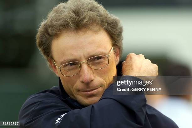 German golfer Bernhard Langer leaves Royal Lytham and St Annes Golf Club 16 July 2001, suffering from a back strain and is doubtful to start the...