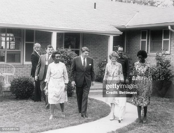 College Park, MD.: Presidential Visit. Pres. Ronald Reagan and his wife, Nancy, leave home of Phillip and Barbara Butler , May 3, after paying an...