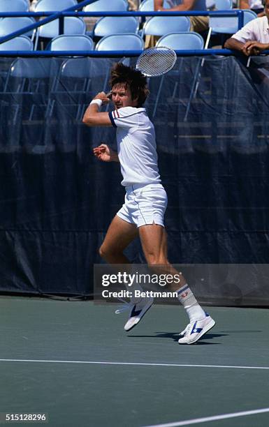 Third-seeded Jimmy Connors lunges for return against Eliot Toltscher in U.S. Open quarterfinal match 9/4. Connors won, 6-1, 3-6, 6-3, 6-0. Connors,...