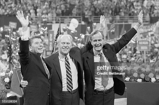 Detroit, Michigan: The Republican Presidential ticket of Ronald Reagan and George Bush share the jubilation with former President Gerald Ford after...