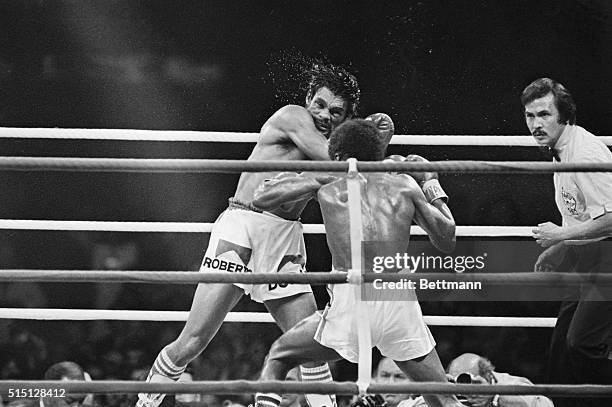 Montreal: Roberto Duran and Sugar Ray Leonard , mix it up during their WBC welterweight title bout June 20. Duran won an ever-so-slight 15-round...