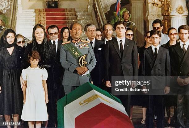 The Iranian flag draped casket, bearing the body of the ex-Shah of Iran as it lays in the Abdin Palace here 7/29, prior to start of journey to the...