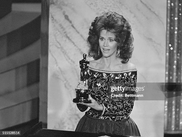 Hollywood: Actress Jane Fonda says, "O dad, I'm so happy and proud for you," as she accepts the Oscar for Henry Fonda as Best Performance by an actor...