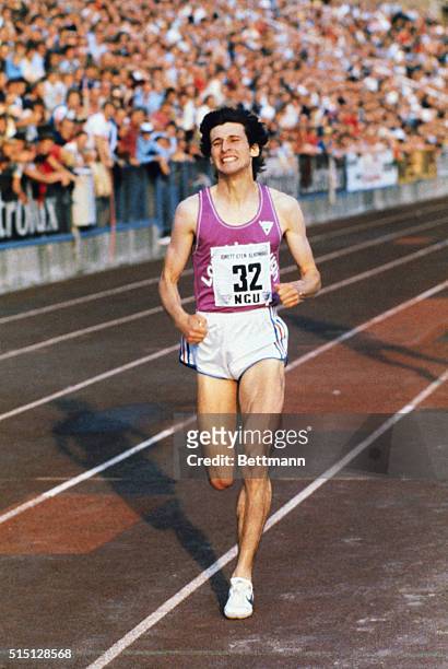 Oslo, Norway: Sebastian Coe, Great Britain, seen breaking the world record in 1,000 meters during tonight's Bislett Games in Oslo. Time 2.13.40.