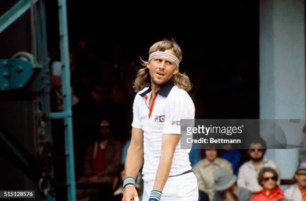 Preparing to serve at Wimbledon is 1980 Men's Singles Finals champion, Bjorn Borg, of Sweden.