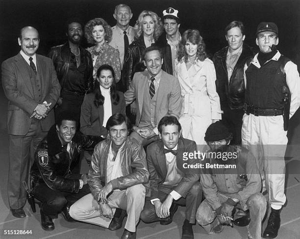 The Cast Of NBC-TV's Hill Street Blues. In front are L to R: Michael Warren, Kiel Martin, Joe Spano, and Bruce Weitz. Seated in center are Veronica...