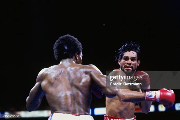 Roberto Duran and WBC Welterweight Champion Sugar Ray Leonard battle at Olympic Stadium in Montreal, Quebec. Challenger Roberto Duran dethroned...