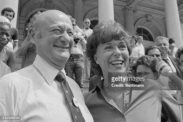 New York City Mayor Edward Koch endorses Bess Myerson as a Democratic candidate for the United States Senate on the steps of City Hall. "I have...